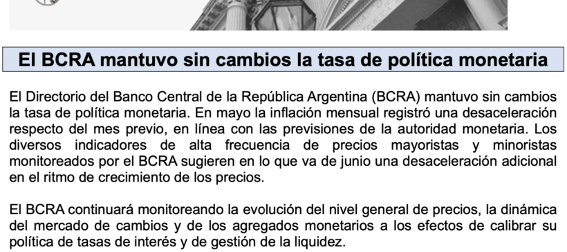 El BCRA mantuvo sin cambios la tasa de política monetaria